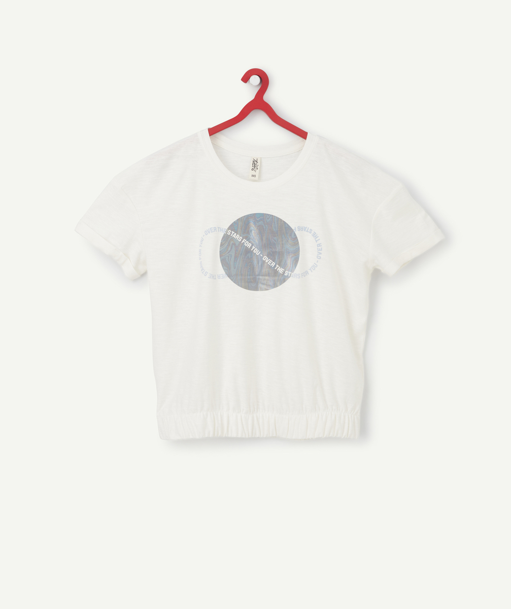T-shirt fille en coton biologique blanc avec planète brillante - XS