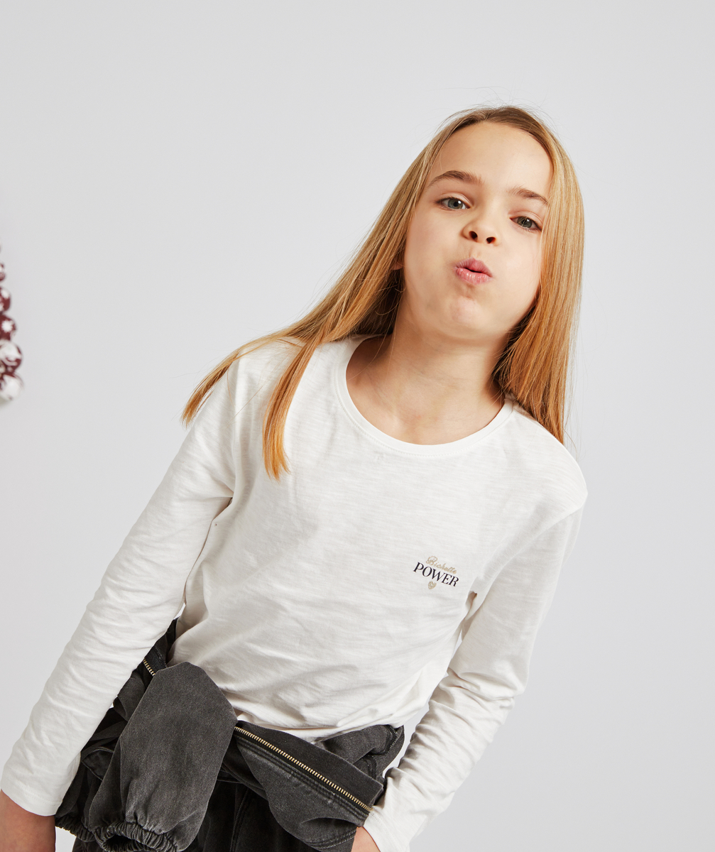 T-shirt fille en coton blanc avec message pailleté floqué - 2 A