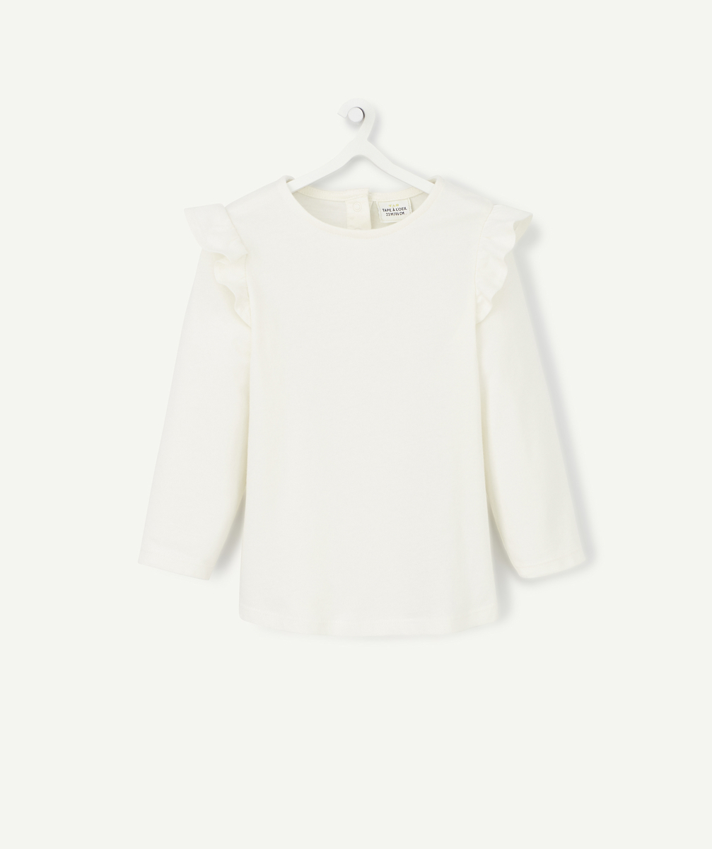 T-shirt uni blanc en coton bio bébé fille avec volants - 18 M