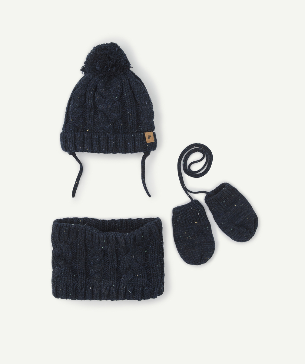 Set bonnet snood et gants en fibres recyclées bébé garçon - 3-9 M