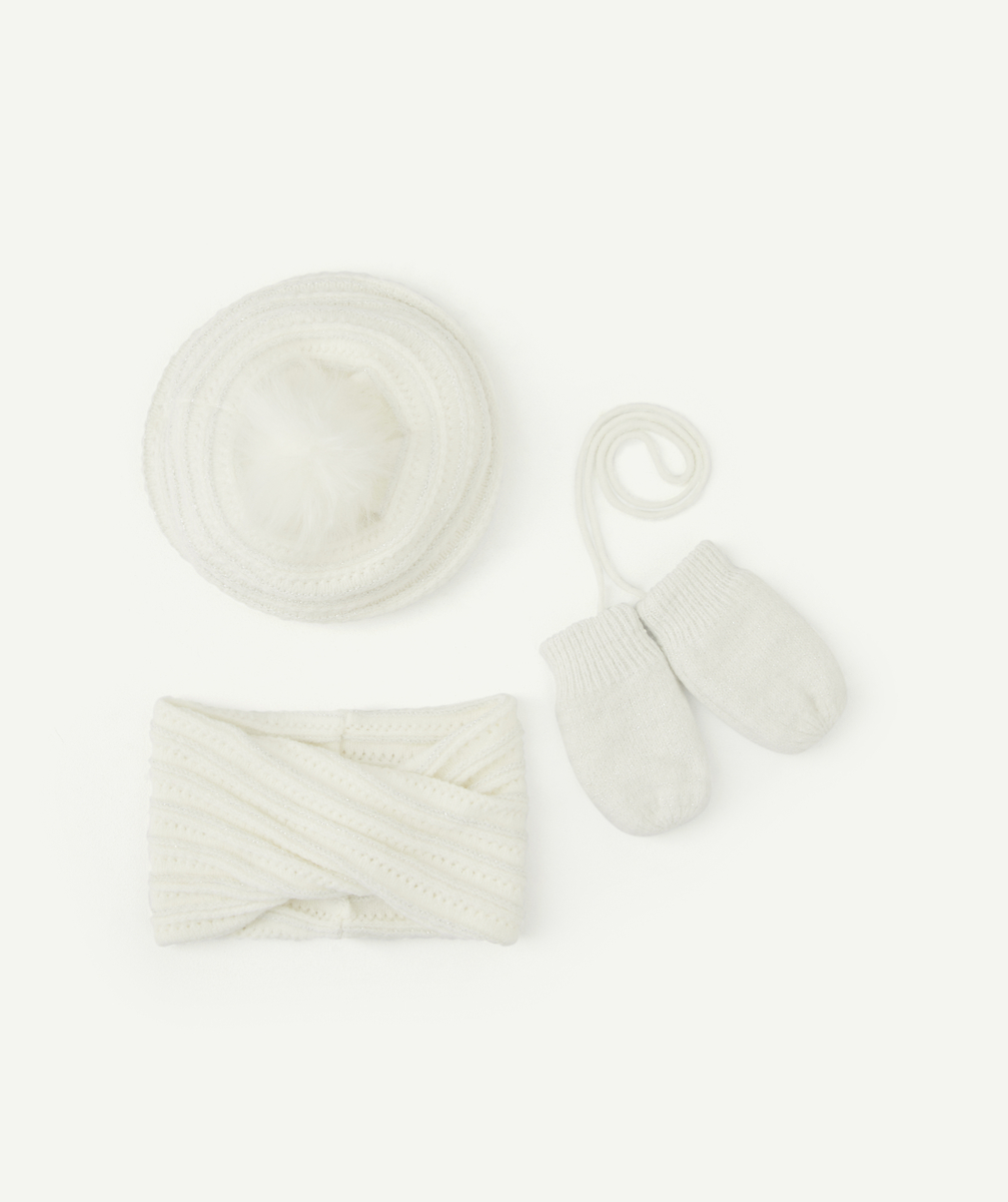 Set blanc en tricot avec bérêt moufles et snood en fibres recyclées - 12-23M