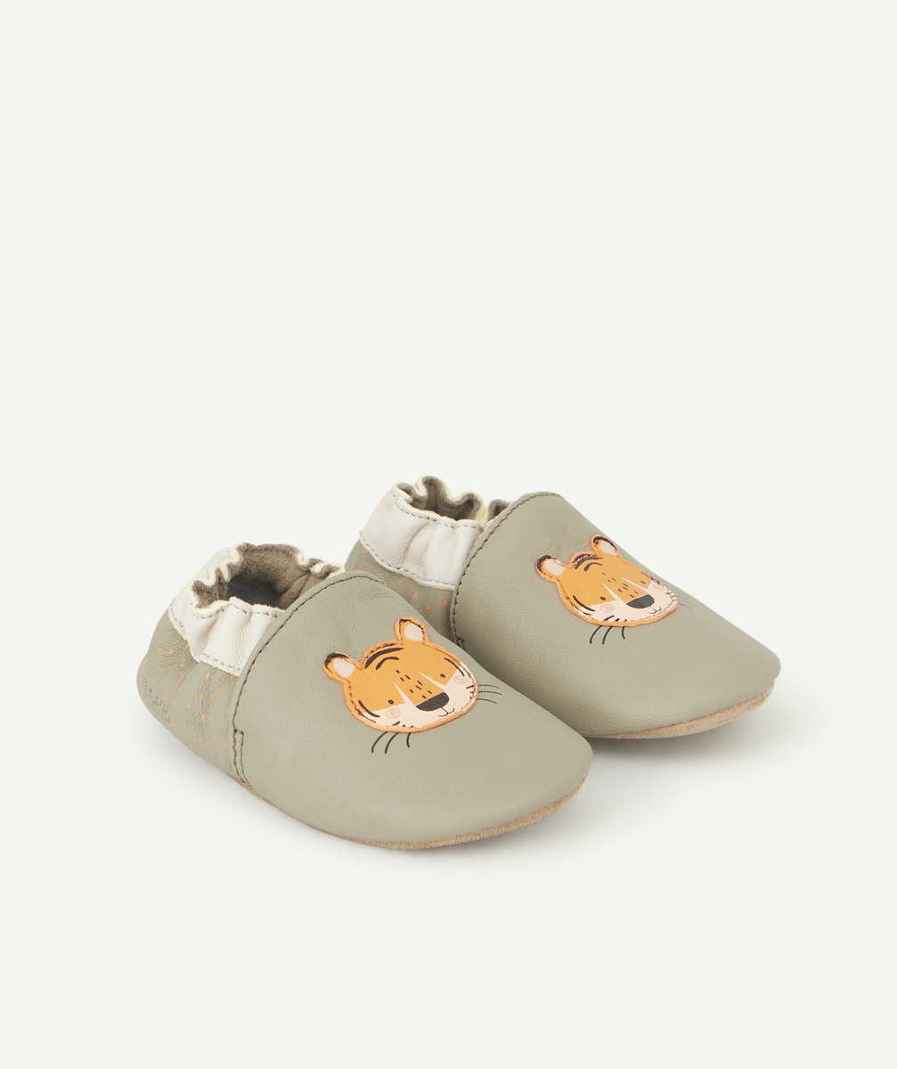 Chaussons bébé kaki en cuir avec renards - 0-6 M