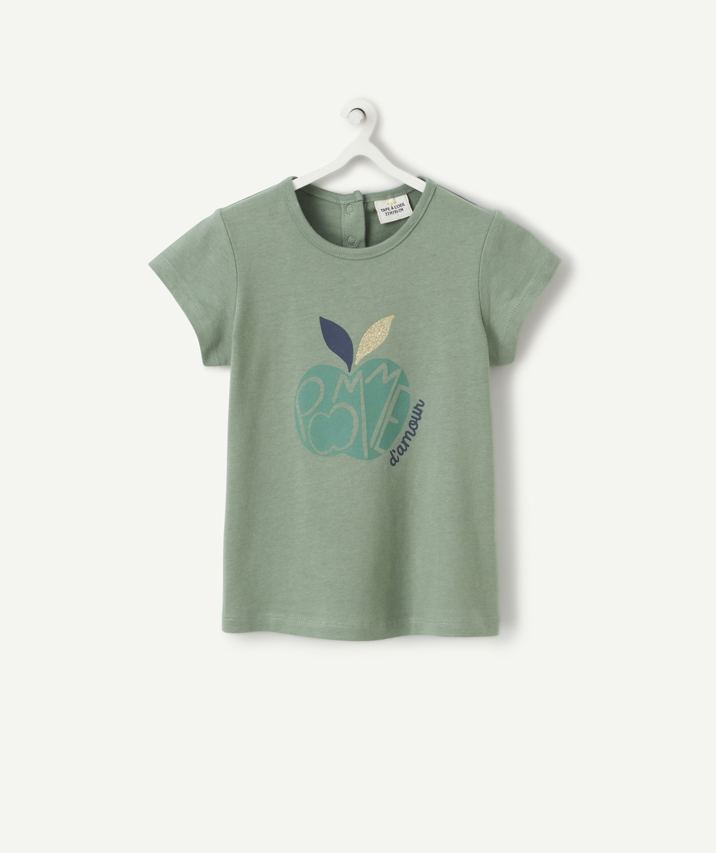 T-shirt bébé fille en coton biologique vert avec pomme imprimé - 1 M