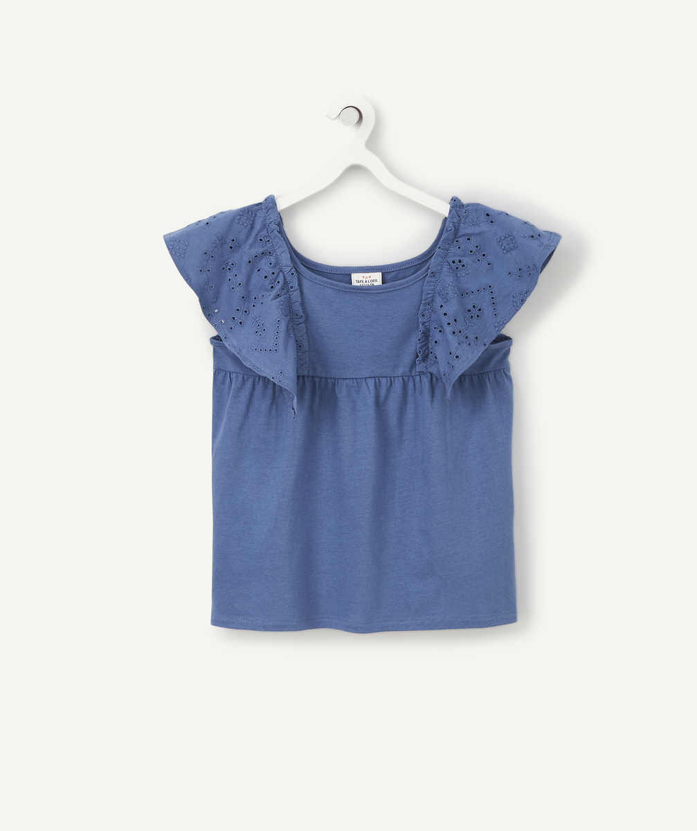 T-shirt fille bleu en coton bio avec broderie anglaise - 3 A