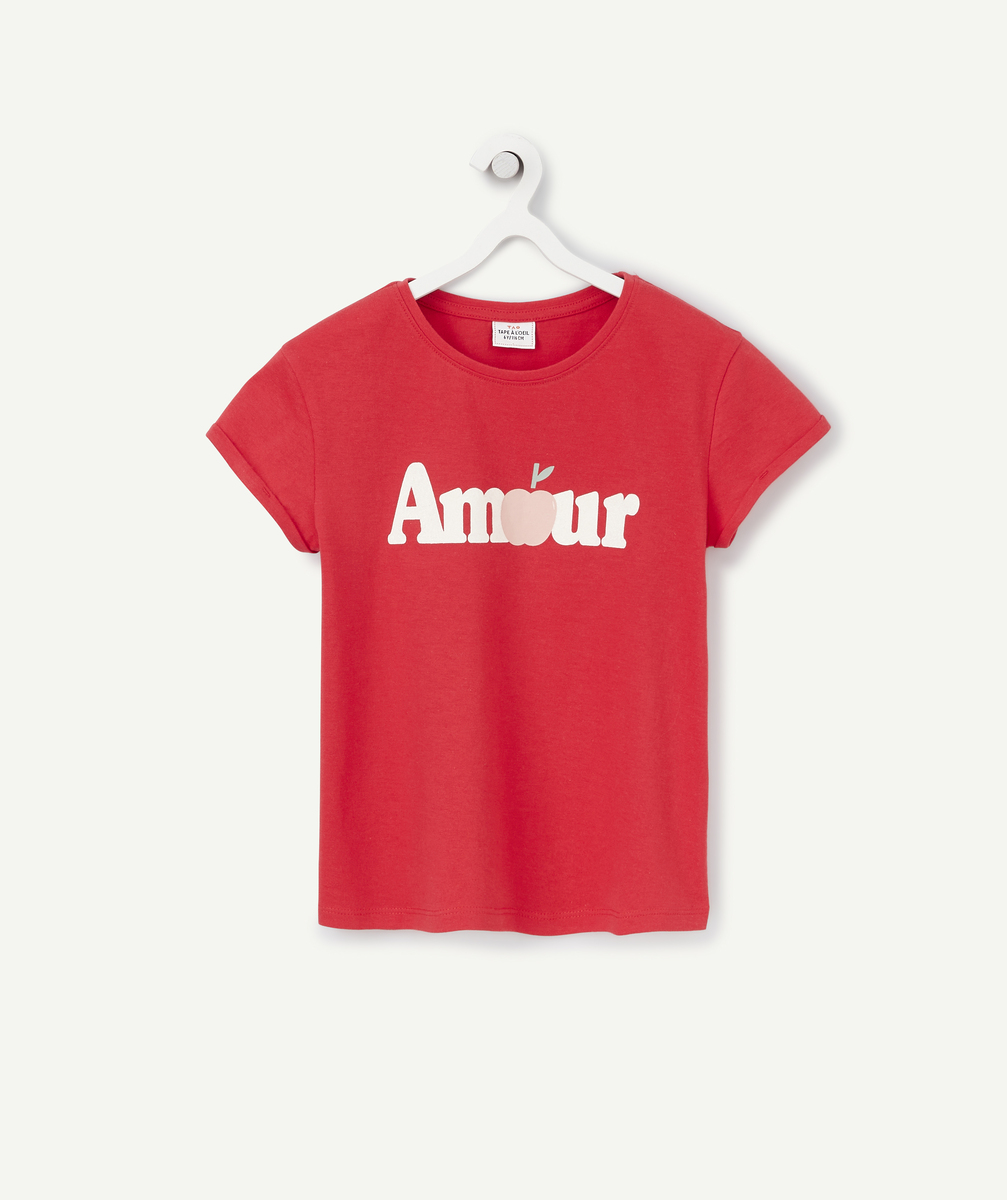 T-shirt fille rouge en coton biologique avec message amour - 4 A