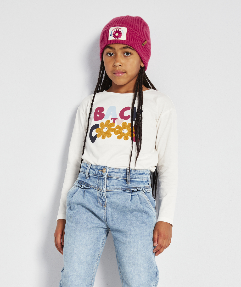T-shirt fille blanc en coton bio message et fleurs en bouclettes - 8 A